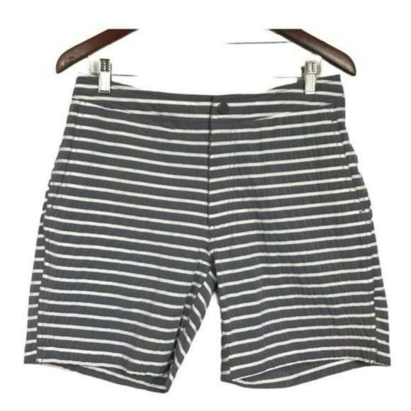 Onia Calder Swim Trunks Seersucker Gray and White Stripes, Medium New